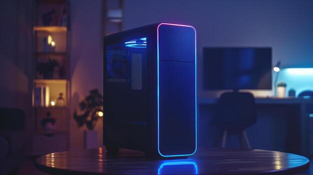 Modern Gaming Computer with LED Lights in a Home Office Setup photo