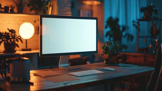 Stylish Home Office Setup with Modern Computer and Ambient Lighting photo