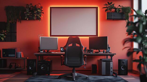 Modern Gaming Setup with Dual Monitors and Ambient Lighting photo