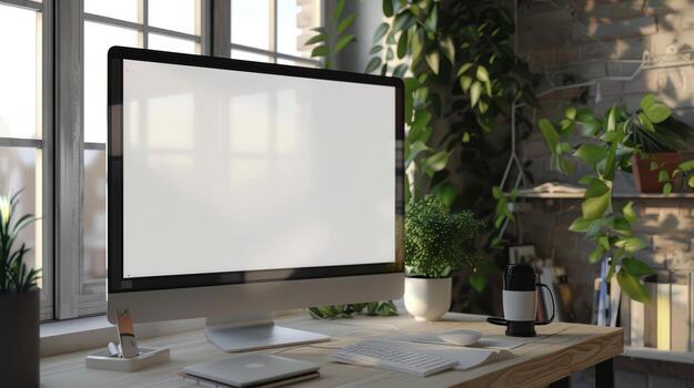Cozy Home Office Setup with Blank Computer Screen and Green Plants photo