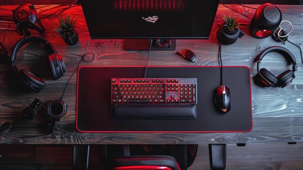 Modern Gaming Desk Setup with Keyboard, Mouse, and Headphones photo