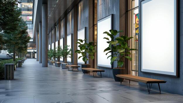 Modern Urban Walkway with Empty Billboards and Greenery Accents photo