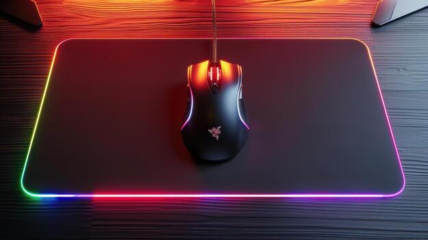 Gaming Mouse on RGB Backlit Mouse Pad with Colorful Lights photo