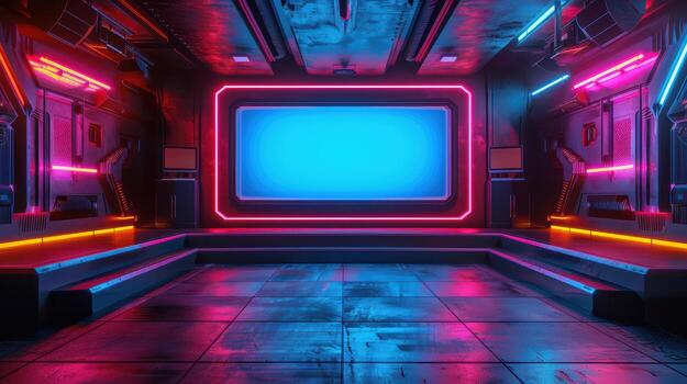 A futuristic room with neon lights and a screen photo
