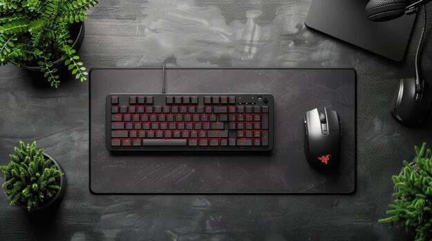 Modern Gaming Keyboard and Mouse Setup with Green Plants Background photo