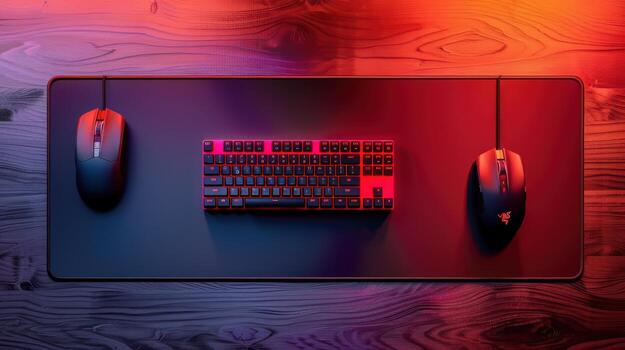A red and black computer mouse and keyboard on a wooden table photo