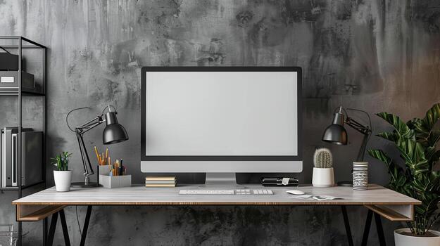 Modern Office Workspace with Computer and Minimalist Design Elements photo