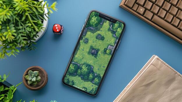 Mobile gaming on a desk with greenery and wooden elements photo