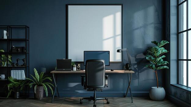 Modern Minimalist Office with Ergonomic Chair and Large Window photo
