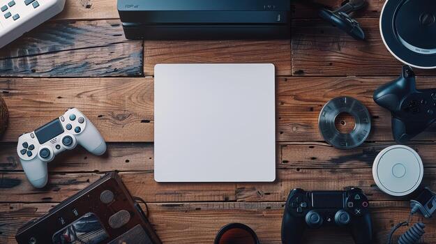 Gamer's Desk Arrangement with Controllers, Discs, and Electronics photo