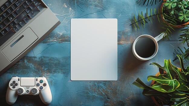 Stylish Gaming Workspace with Laptop, Controller, and Plants photo