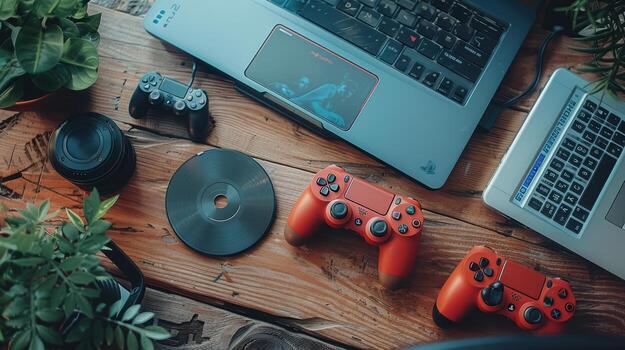 Gaming Setup with Controllers, Laptop, Camera, and Vinyl on Table photo