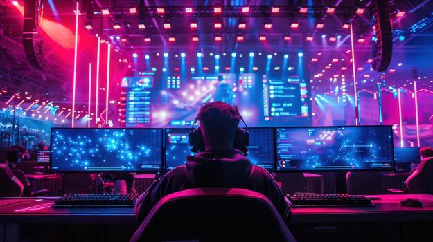 Gamer at esports event with colorful lights and multiple screens photo