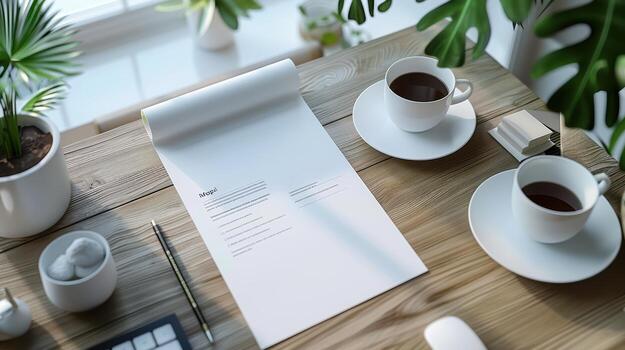 A resume on a desk with a cup of coffee and a laptop photo
