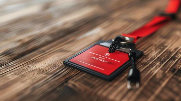 Red id badge on wooden table photo