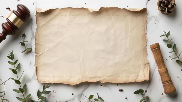 A piece of paper with a wooden gavel and some leaves photo