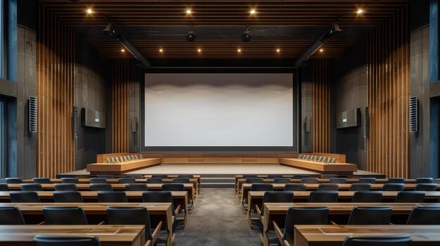 A large auditorium with rows of chairs and a projector screen photo