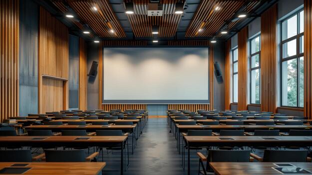 A large conference room with rows of chairs and a projector screen photo