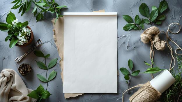 Blank paper with green leaves and twine on a gray background photo