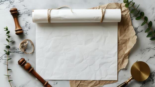 A rolled up piece of paper and a wooden ruler on a marble surface photo
