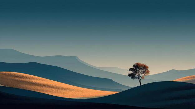 Serene Mountainscape at Dusk with Lone Tree in the Foreground photo