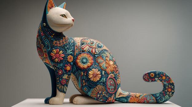 A colorful cat statue with a flower pattern photo