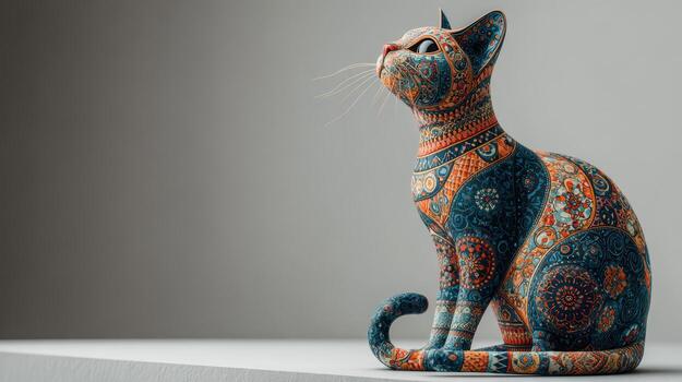 A colorful cat figurine sitting on a shelf photo