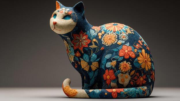 A colorful cat figurine with a flower pattern photo