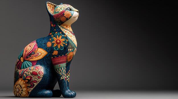 A colorful ceramic cat statue with a colorful pattern photo