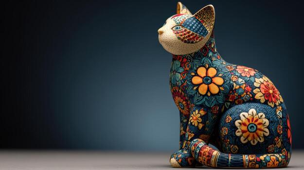 A colorful ceramic cat statue with a flower pattern photo