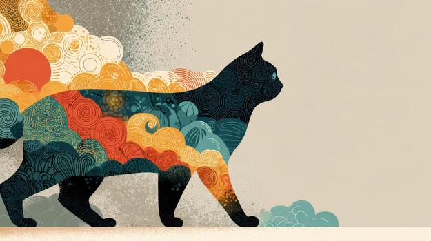 A cat walking in front of a colorful background photo