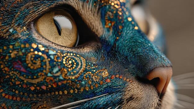 A close up of a cat's face with gold and blue paint photo