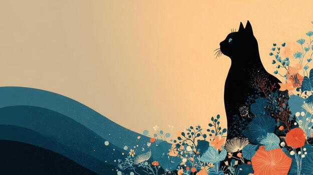 A black cat is sitting on a flowery field photo