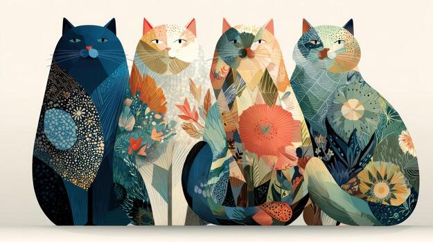 Tres gatos con flores en ellos en un grupo foto