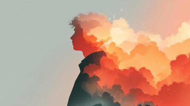 A man is standing in front of a cloud with a red and orange background photo