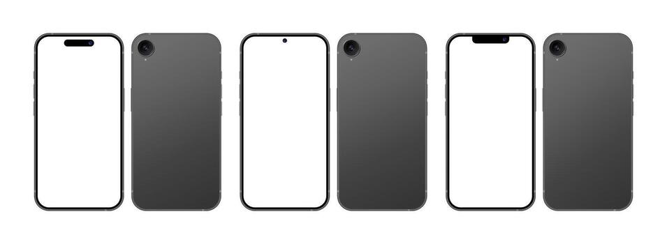 Mobile phone devices with blank display, front and back angle mockup collection. Smartphone template set in black frame illustration vector