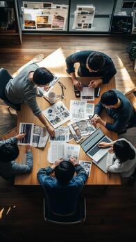 Collaborative brainstorming session at a modern workspace with diverse team members photo