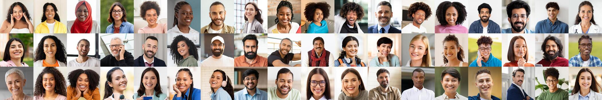 A lively collection showcasing diverse individuals smiling and enjoying life. Various backgrounds and expressions highlight unity and the beauty of diversity in a joyful setting. photo