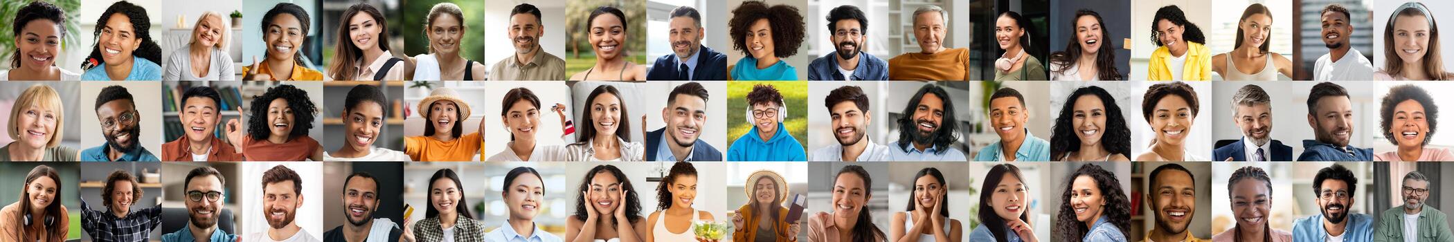 A collection of portraits shows people of various backgrounds smiling and enjoying life. Each face reflects happiness and a unique story, capturing the essence of diversity and connection. photo