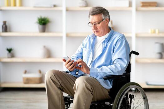 mayor discapacitado hombre en silla de ruedas utilizando teléfono inteligente, comprobación mensajes, acecho , hojeada web a hogar. maduro minusválido masculino utilizando moderno móvil dispositivo adentro foto