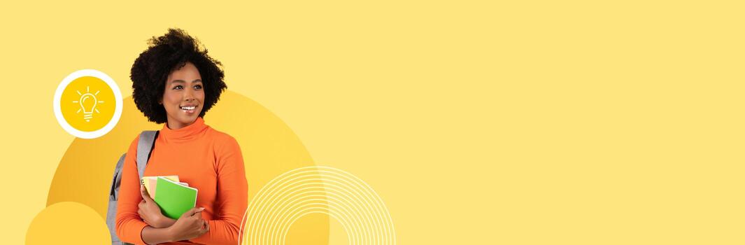 A student stands proudly with a backpack and books, smiling in a vibrant yellow setting. The image captures the essence of learning and adapting to changes in education. photo