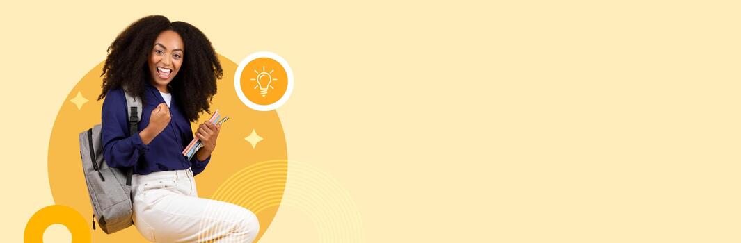 A student smiles broadly while holding books and a notebook, expressing excitement in a contemporary school setting. The background showcases a warm, inviting color with educational icons. photo