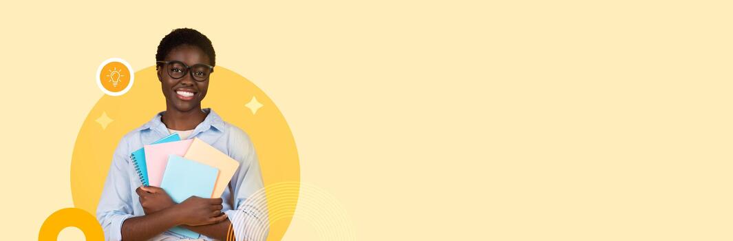 A confident student stands in a bright and modern educational environment, holding colorful notebooks and smiling. The background is soft and inviting, creating a positive atmosphere for learning. photo