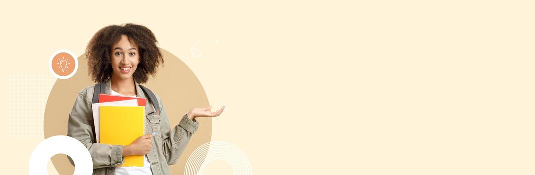 A student stands smiling while holding colorful folders in a contemporary school setting, showcasing an atmosphere of learning and engagement. The background highlights a minimalist design. photo