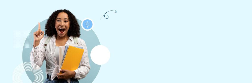 A student stands with a bright smile, holding folders and showing enthusiasm for education. The background is a soft blue with design elements, creating a modern academic atmosphere. photo