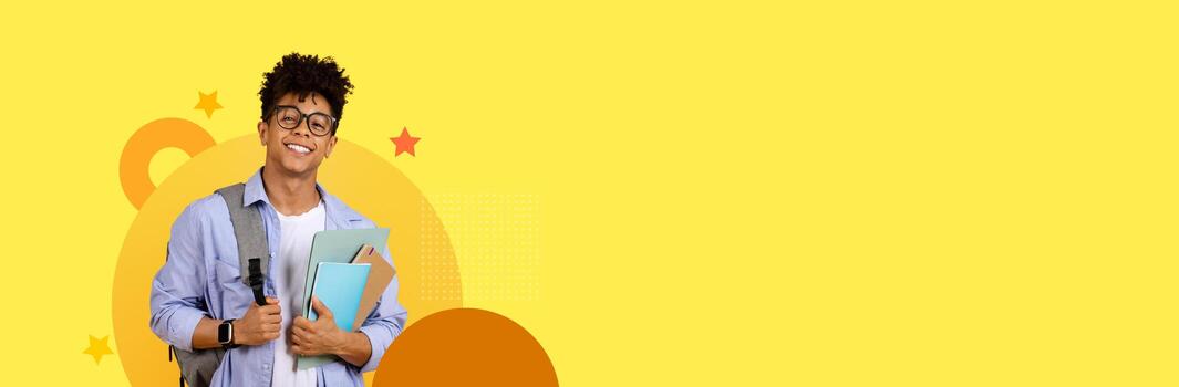 A cheerful student stands confidently, holding multiple books and a backpack. The vibrant background features playful designs, creating an energetic atmosphere perfect for learning. photo