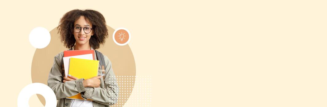 A cheerful student stands with a stack of colorful books and notebooks, showcasing a modern school environment. The background offers neutral tones, providing a fresh and inviting learning atmosphere. photo