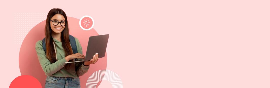 A student smiles while using a laptop for online learning in a modern educational environment. The background features vibrant colors, contributing to a lively atmosphere. photo