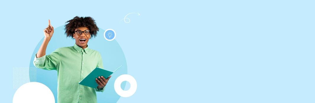 A student with glasses raises a hand excitedly while holding a notebook. The background features soft colors, creating a lively and positive environment for education and learning. photo