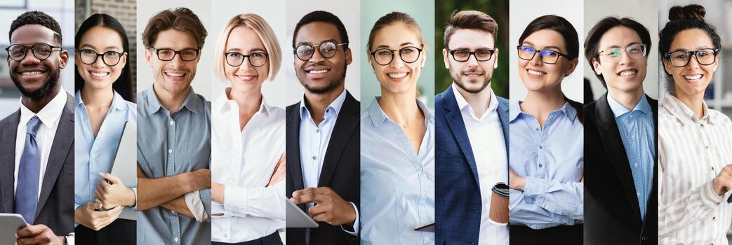 Diverse group of professionals engaged in a business environment, showcasing collaboration and teamwork. Each individual displays confidence and positivity while dressed in formal attire. photo